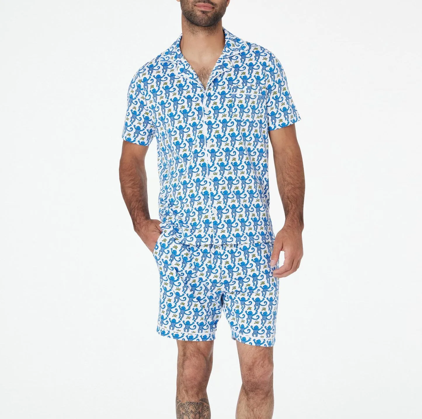 KOSUSANILL Y2k Pajamas Set for Men 2 Piece Button Down Monkey Shirt Pjs Shorts Outfit Rabbit Dupes Preppy Sleep Loungewear