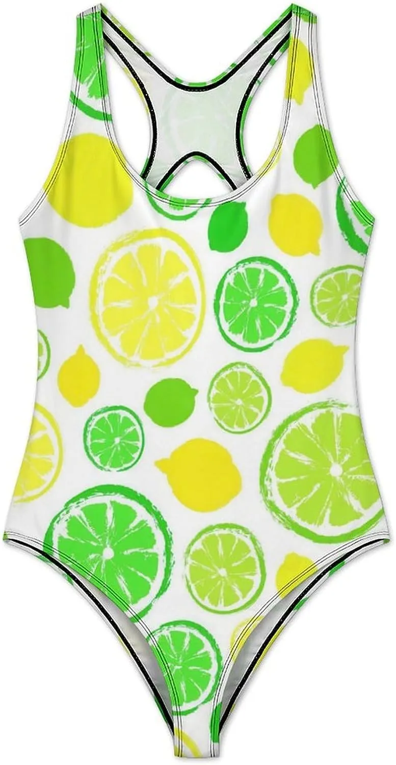 Lemons Limes Women One Piece Bathing Suits Halter Scoop Neck Aesthetic Tummy Control Bathing Suits