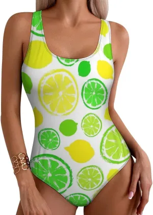 Lemons Limes Women One Piece Bathing Suits Halter Scoop Neck Aesthetic Tummy Control Bathing Suits