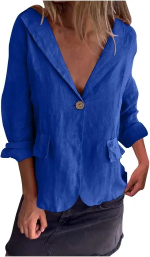 Linen Jackets for Women One Button Long Sleeve Blazers Lightweight Casual Jackets Oversized Blazers Work Outwear