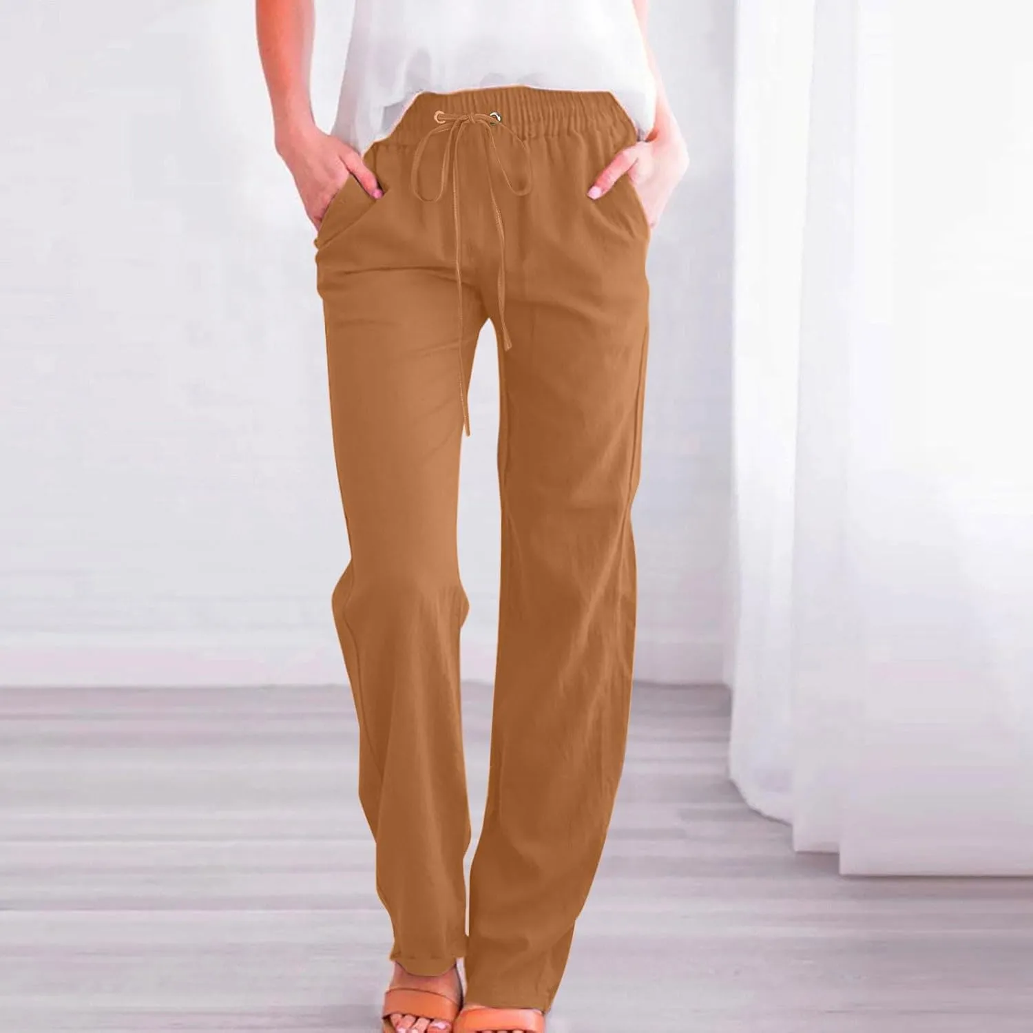 Linen Pants Women Casual Straight Leg Pants High Waisted Drawstring Pants Summer Beach Pants Loose Fit Trousers