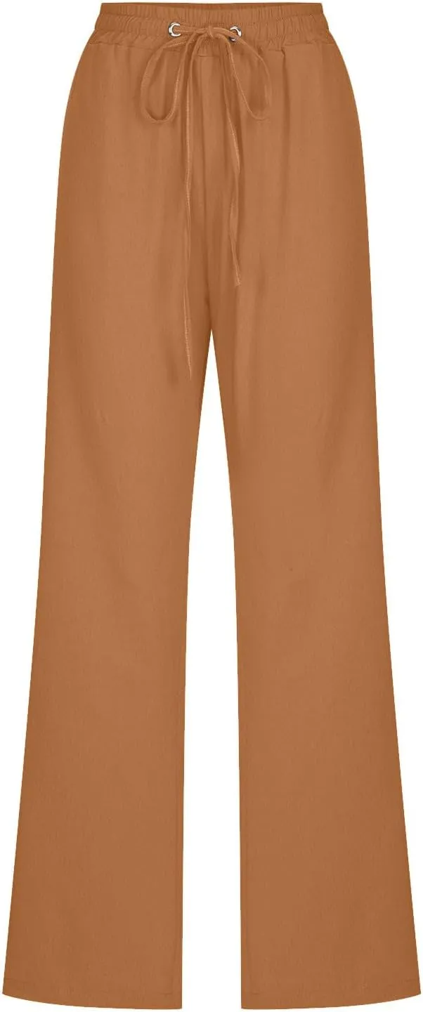 Linen Pants Women Casual Straight Leg Pants High Waisted Drawstring Pants Summer Beach Pants Loose Fit Trousers