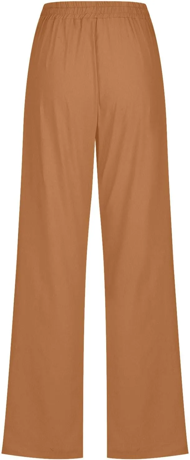 Linen Pants Women Casual Straight Leg Pants High Waisted Drawstring Pants Summer Beach Pants Loose Fit Trousers