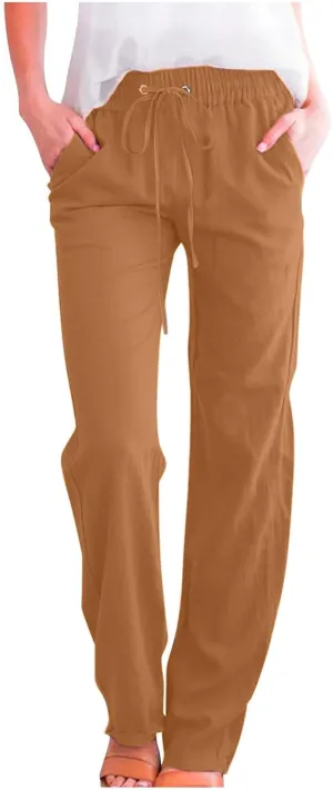 Linen Pants Women Casual Straight Leg Pants High Waisted Drawstring Pants Summer Beach Pants Loose Fit Trousers