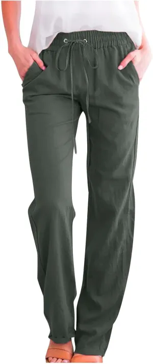 Linen Pants Women Straight Leg Lounge Pants Elastic Waist Drawstring Pants Lightweight Trousers Summer Loose Pants