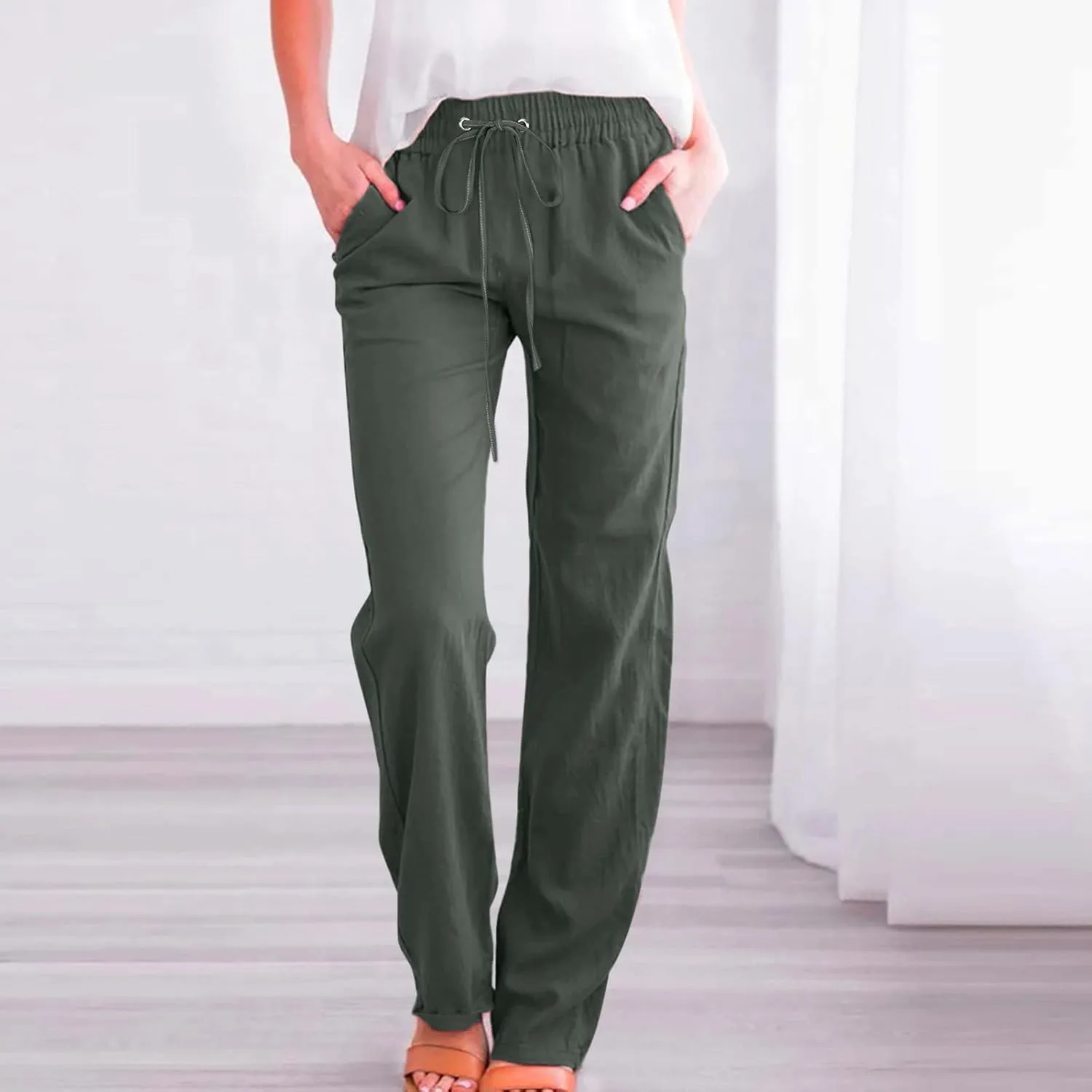 Linen Pants Women Straight Leg Lounge Pants Elastic Waist Drawstring Pants Lightweight Trousers Summer Loose Pants