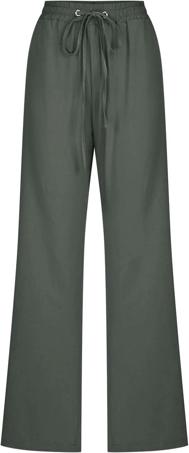 Linen Pants Women Straight Leg Lounge Pants Elastic Waist Drawstring Pants Lightweight Trousers Summer Loose Pants