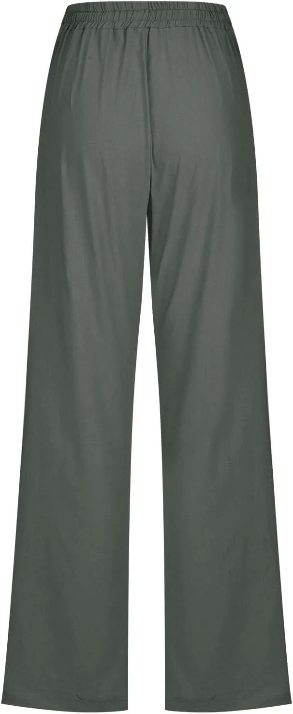 Linen Pants Women Straight Leg Lounge Pants Elastic Waist Drawstring Pants Lightweight Trousers Summer Loose Pants