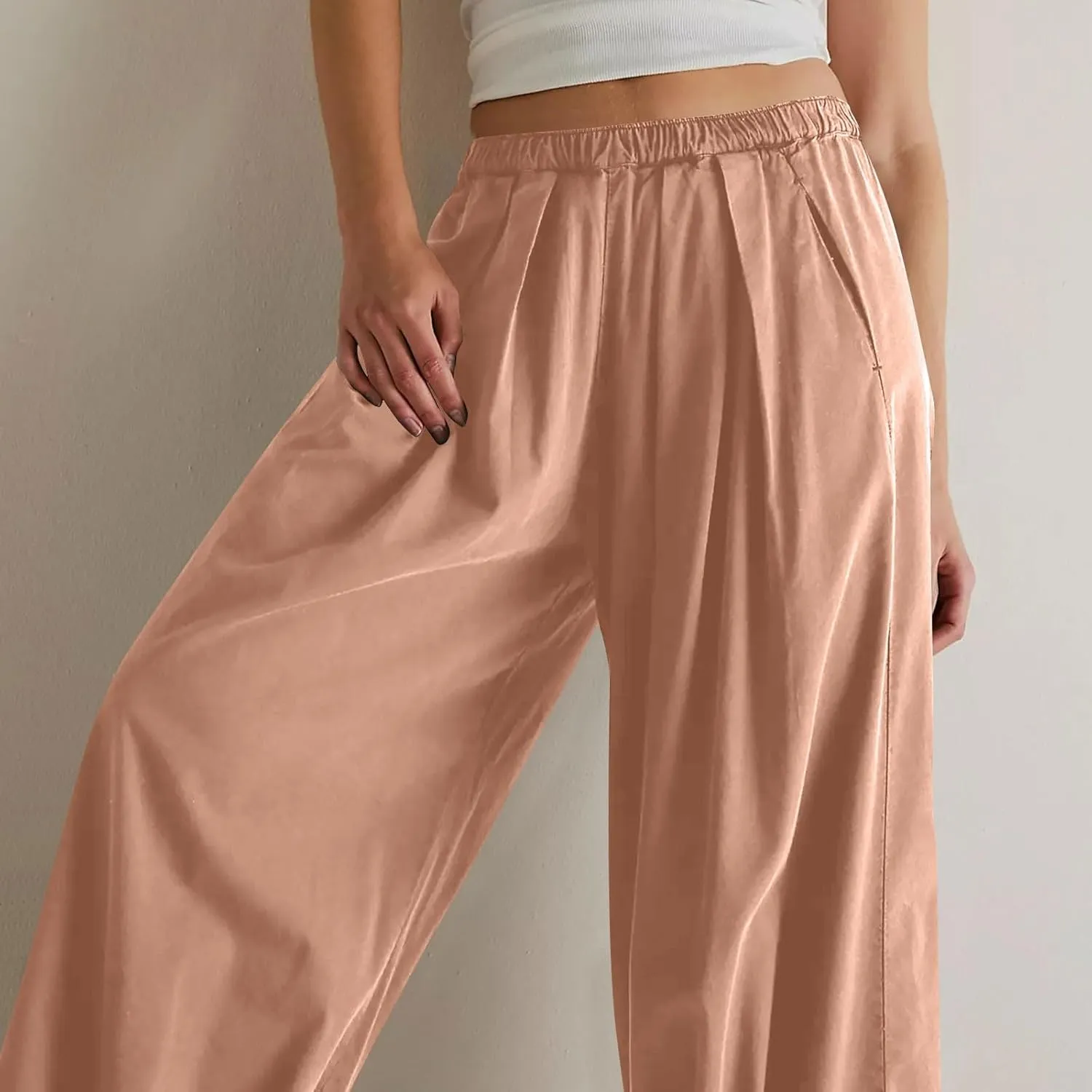 Linen Pants Women Wide Leg Pants 2024 Trendy Elastic Waist Pants Summer Flowy Casual Trousers Pants