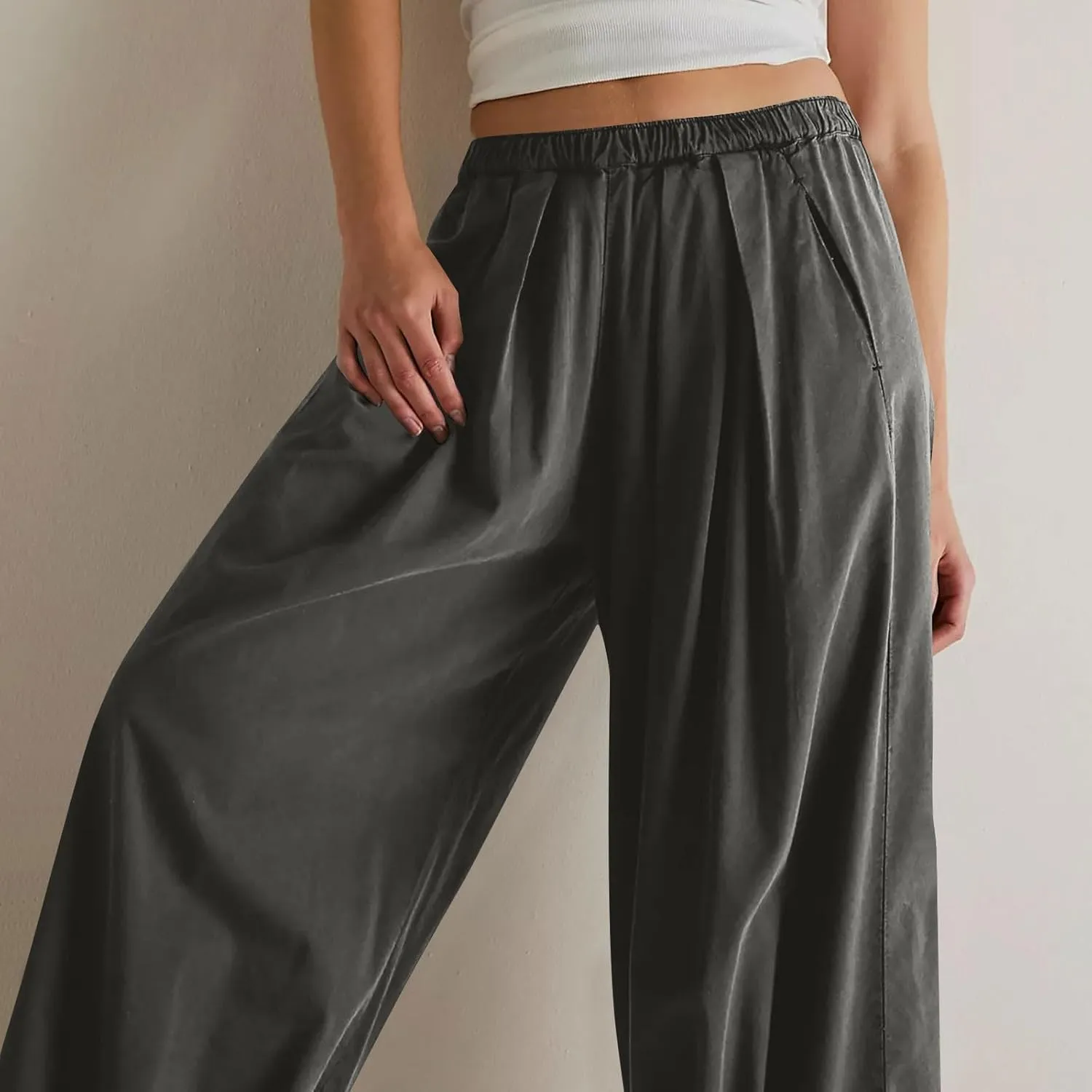 Linen Pants Women Wide Leg Pants 2024 Trendy Elastic Waist Pants Summer Flowy Casual Trousers Pants
