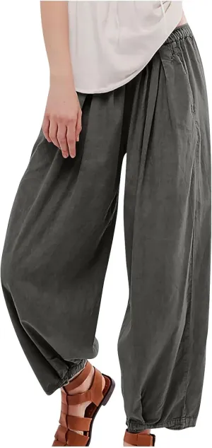 Linen Pants Women Wide Leg Pants 2024 Trendy Elastic Waist Pants Summer Flowy Casual Trousers Pants