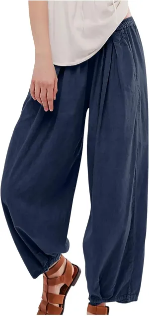 Linen Pants Women Wide Leg Pants 2024 Trendy Elastic Waist Pants Summer Flowy Casual Trousers Pants