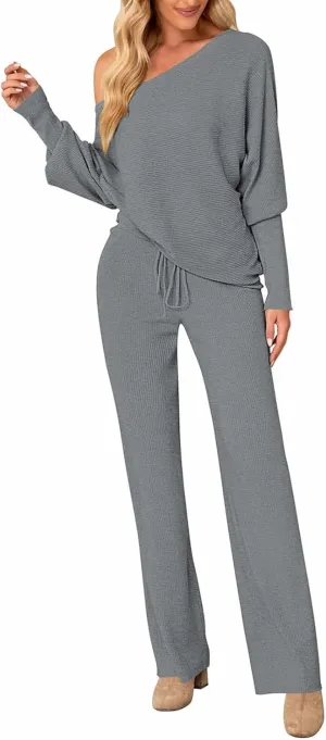 Linsery Women 2 Piece Sweater Sets High Neck Knitted Pullover Wide Leg Casual Sweatsuit