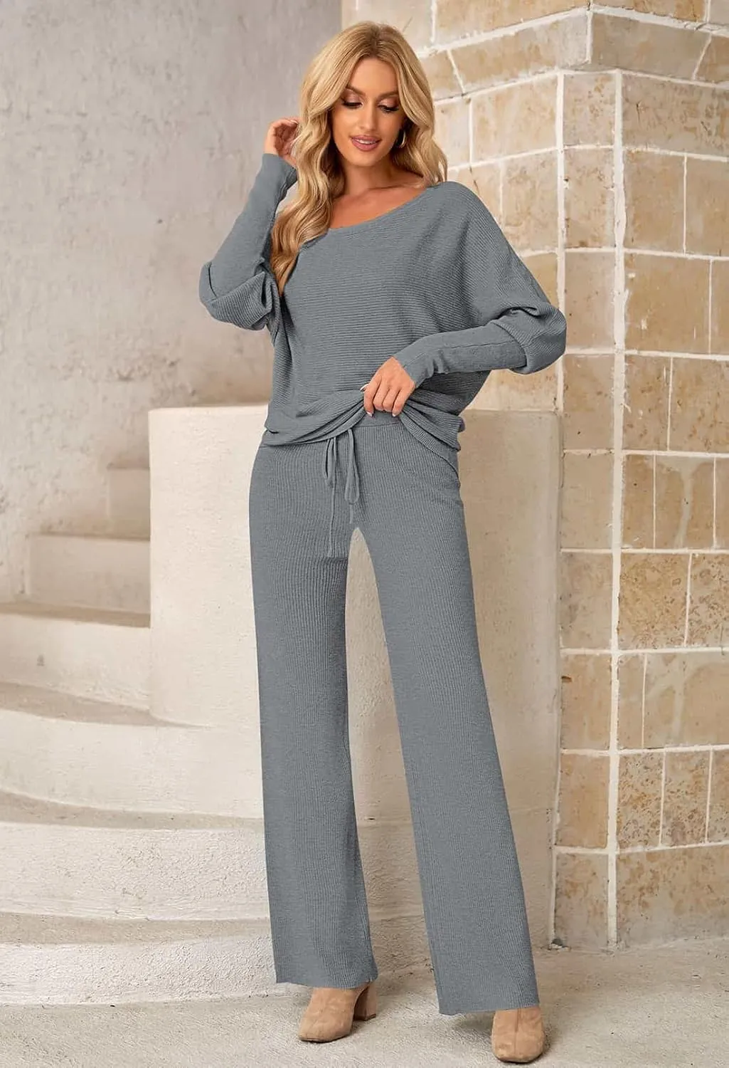 Linsery Women 2 Piece Sweater Sets High Neck Knitted Pullover Wide Leg Casual Sweatsuit