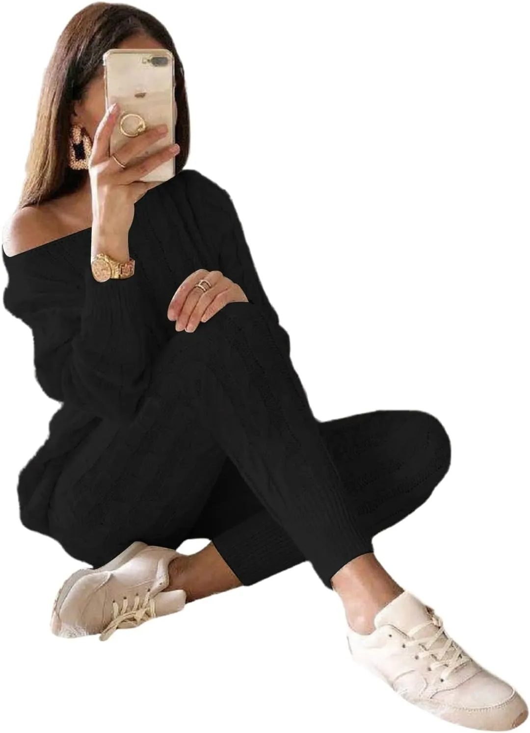 Lucuna Women's 2024 Fall Sweater Set 2 Piece Outfits Cable Knit Chunky Crew Neck Pullover Top Pants Loungewear