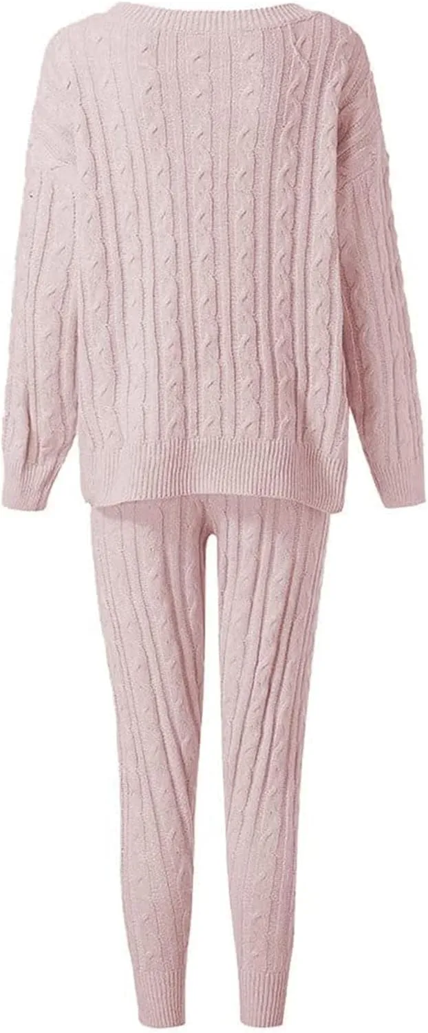 Lucuna Women's 2024 Fall Sweater Set 2 Piece Outfits Cable Knit Chunky Crew Neck Pullover Top Pants Loungewear