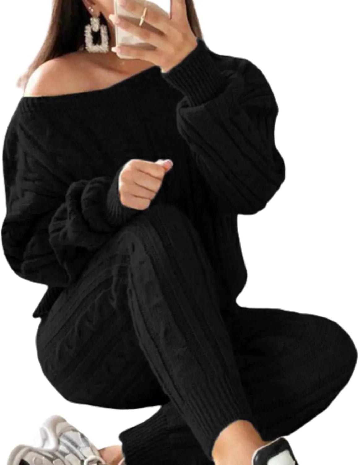 Lucuna Women's 2024 Fall Sweater Set 2 Piece Outfits Cable Knit Chunky Crew Neck Pullover Top Pants Loungewear