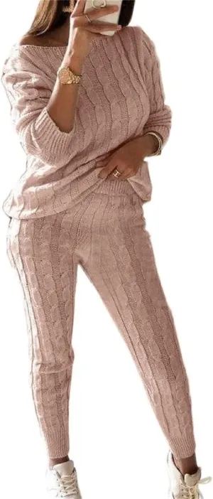 Lucuna Women's 2024 Fall Sweater Set 2 Piece Outfits Cable Knit Chunky Crew Neck Pullover Top Pants Loungewear