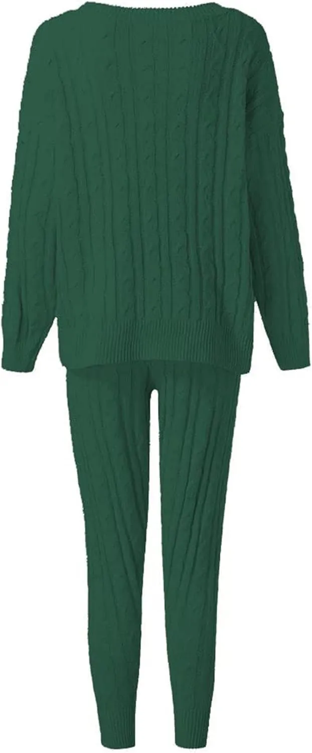 Lucuna Women's 2024 Fall Sweater Set 2 Piece Outfits Cable Knit Chunky Crew Neck Pullover Top Pants Loungewear