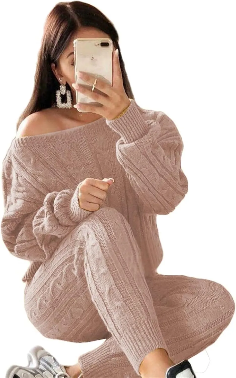 Lucuna Women's 2024 Fall Sweater Set 2 Piece Outfits Cable Knit Chunky Crew Neck Pullover Top Pants Loungewear