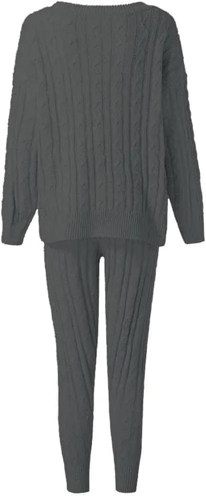 Lucuna Women's 2024 Fall Sweater Set 2 Piece Outfits Cable Knit Chunky Crew Neck Pullover Top Pants Loungewear