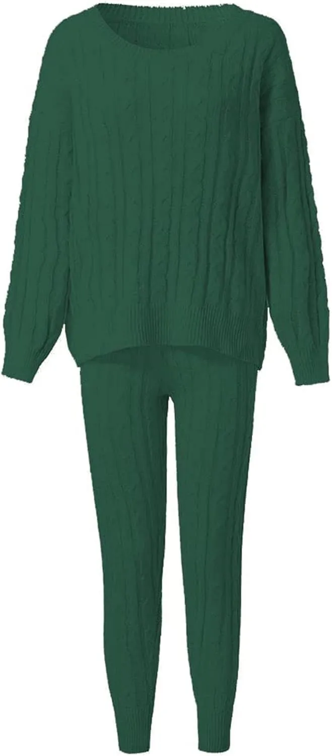 Lucuna Women's 2024 Fall Sweater Set 2 Piece Outfits Cable Knit Chunky Crew Neck Pullover Top Pants Loungewear