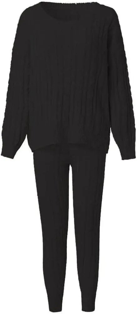 Lucuna Women's 2024 Fall Sweater Set 2 Piece Outfits Cable Knit Chunky Crew Neck Pullover Top Pants Loungewear