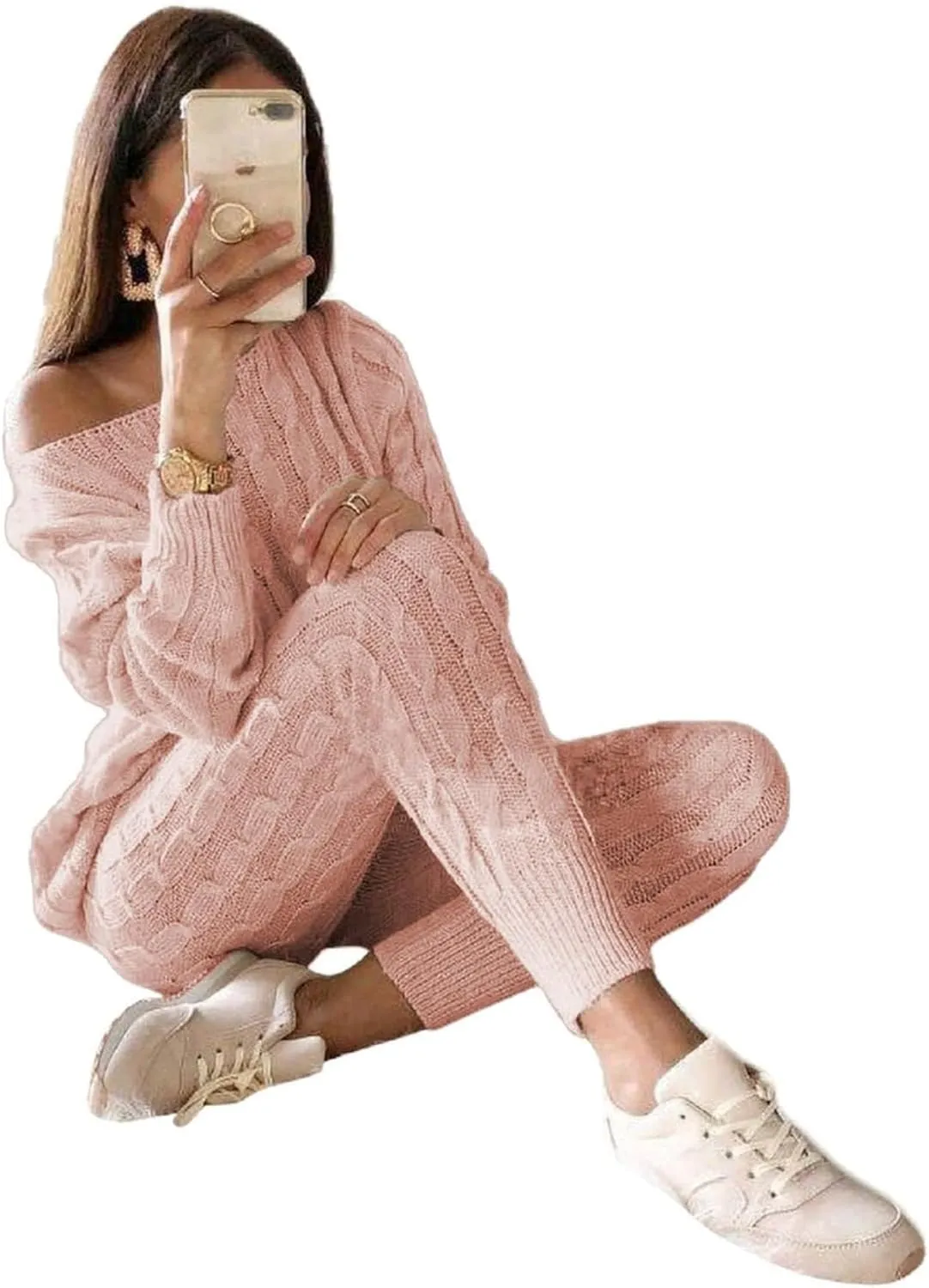 Lucuna Women's 2024 Fall Sweater Set 2 Piece Outfits Cable Knit Chunky Crew Neck Pullover Top Pants Loungewear