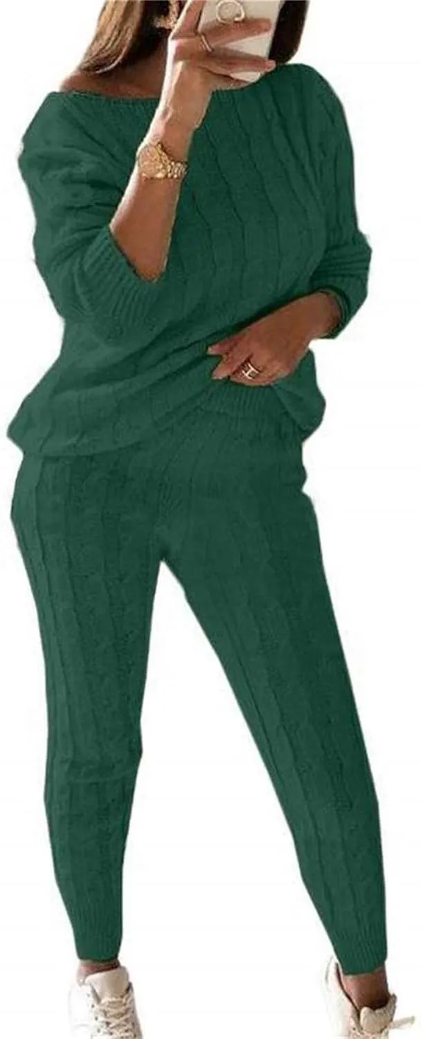 Lucuna Women's 2024 Fall Sweater Set 2 Piece Outfits Cable Knit Chunky Crew Neck Pullover Top Pants Loungewear