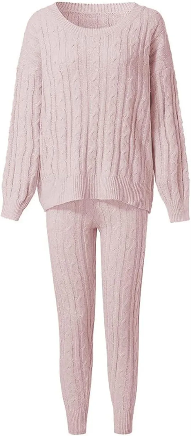 Lucuna Women's 2024 Fall Sweater Set 2 Piece Outfits Cable Knit Chunky Crew Neck Pullover Top Pants Loungewear
