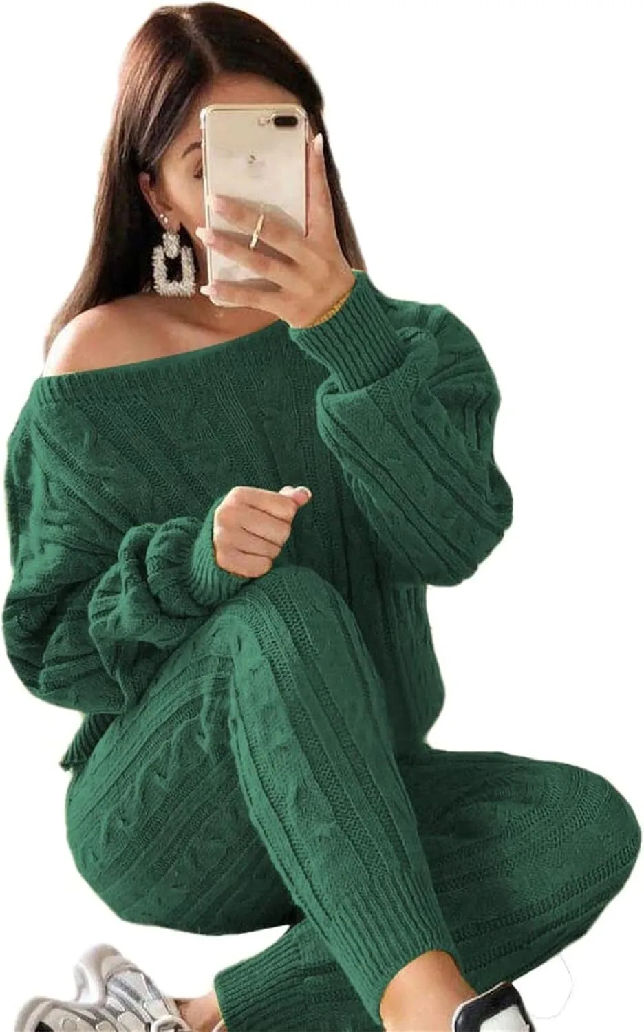 Lucuna Women's 2024 Fall Sweater Set 2 Piece Outfits Cable Knit Chunky Crew Neck Pullover Top Pants Loungewear