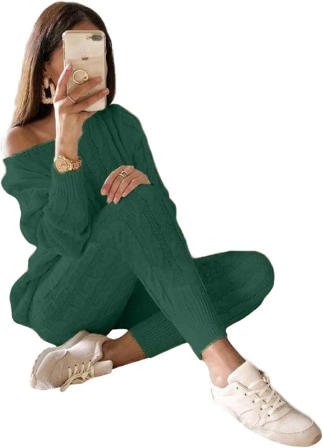 Lucuna Women's 2024 Fall Sweater Set 2 Piece Outfits Cable Knit Chunky Crew Neck Pullover Top Pants Loungewear
