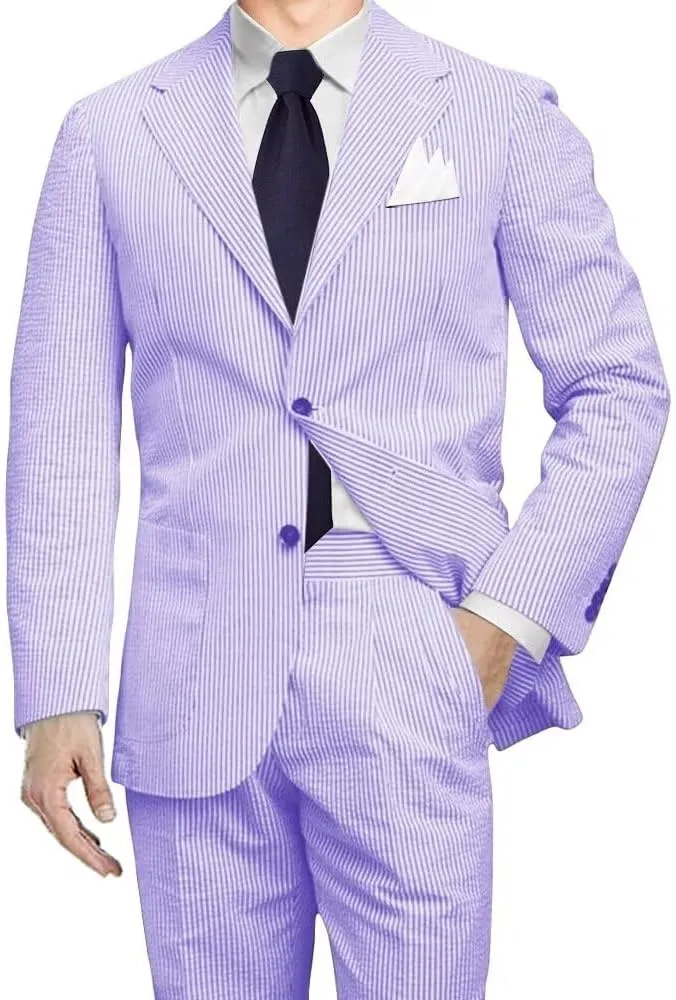 Men 2 Pieces Summer Seersucker Suits Beach Wedding Suits Grooms Slim Fit Striped Blazer