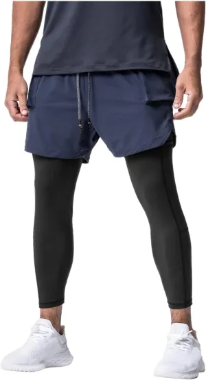 Men's 2 in 1 Running Pants Compression Athletic Pants Tights Quick Dry Gym Workout Legging Shorts with Zipper Pockets