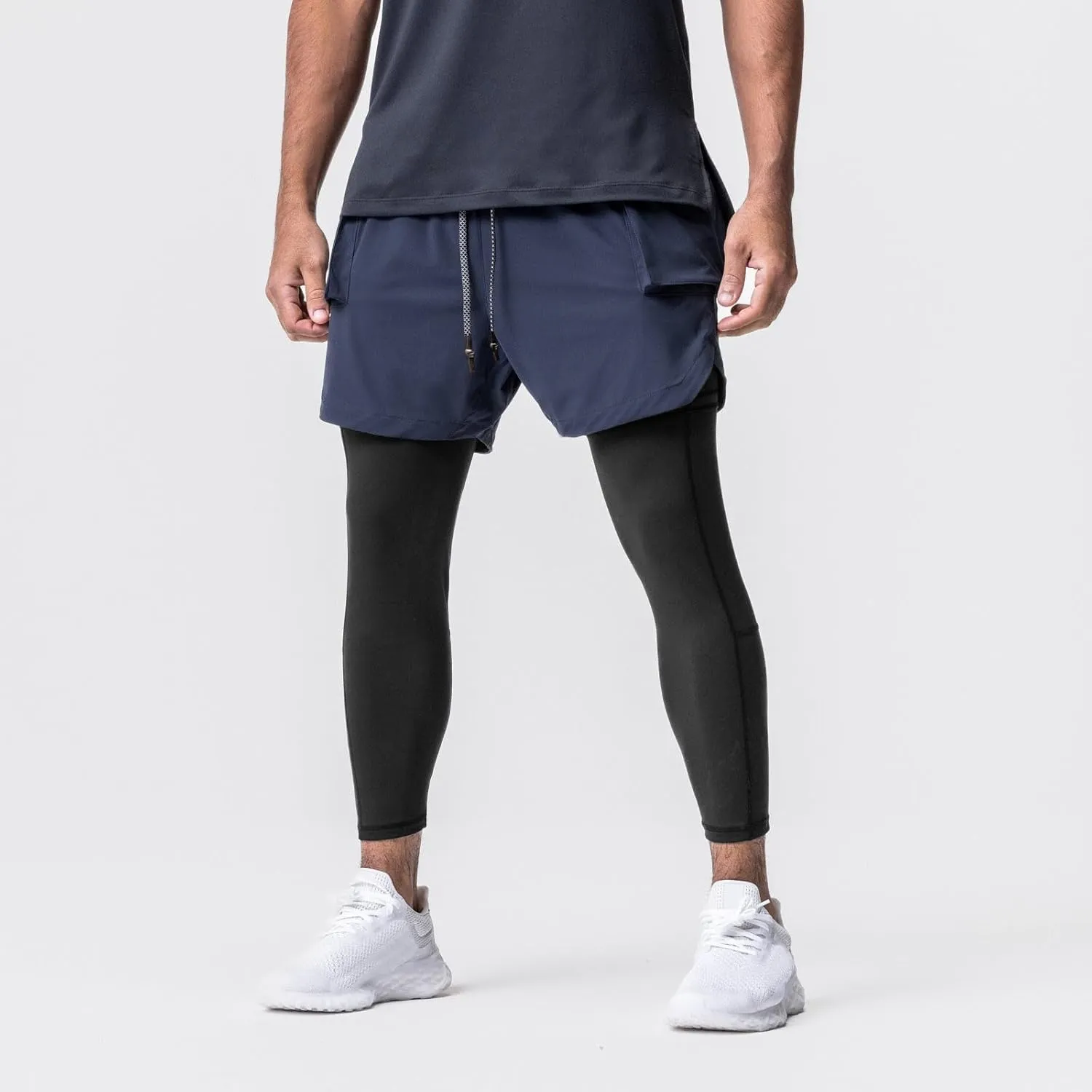 Men's 2 in 1 Running Pants Compression Athletic Pants Tights Quick Dry Gym Workout Legging Shorts with Zipper Pockets