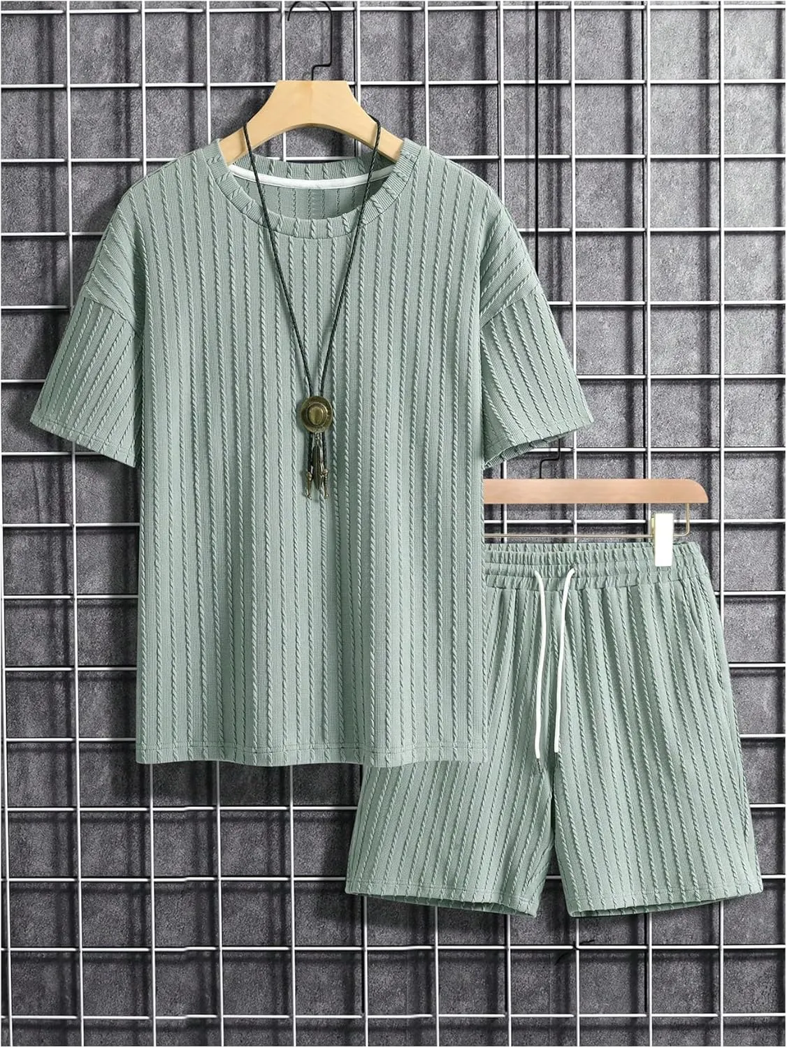 Men's 2 Piece Outfits Textured Drop Shoulder T Shirt and Short Sets Summer Outfits Tracksuit