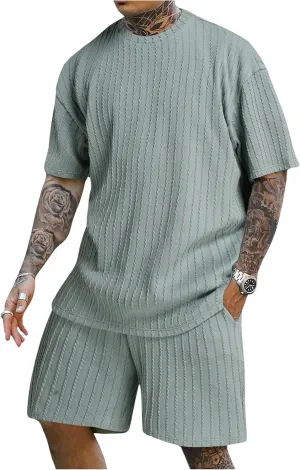 Men's 2 Piece Outfits Textured Drop Shoulder T Shirt and Short Sets Summer Outfits Tracksuit