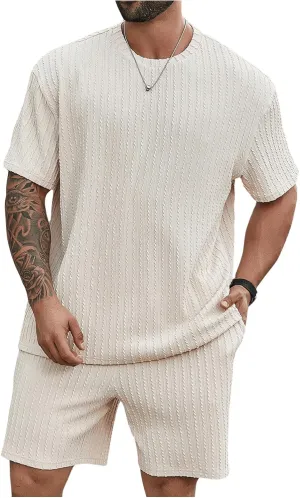 Men's 2 Piece Outfits Textured Drop Shoulder T Shirt and Short Sets Summer Outfits Tracksuit
