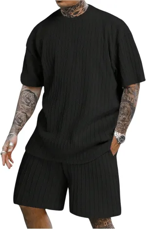 Men's 2 Piece Outfits Textured Drop Shoulder T Shirt and Short Sets Summer Outfits Tracksuit