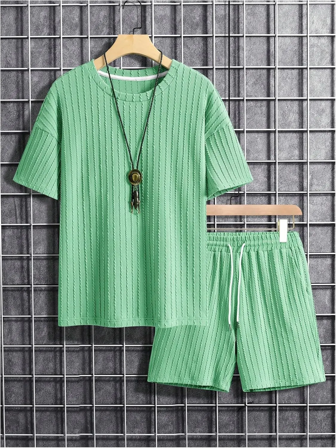 Men's 2 Piece Outfits Textured Drop Shoulder T Shirt and Short Sets Summer Outfits Tracksuit