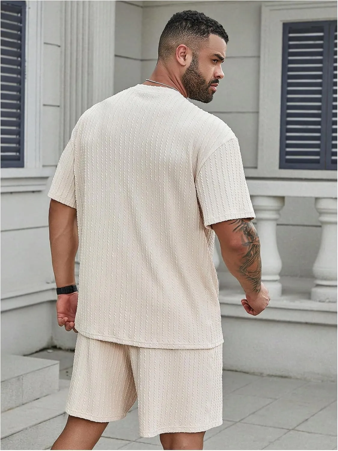 Men's 2 Piece Outfits Textured Drop Shoulder T Shirt and Short Sets Summer Outfits Tracksuit