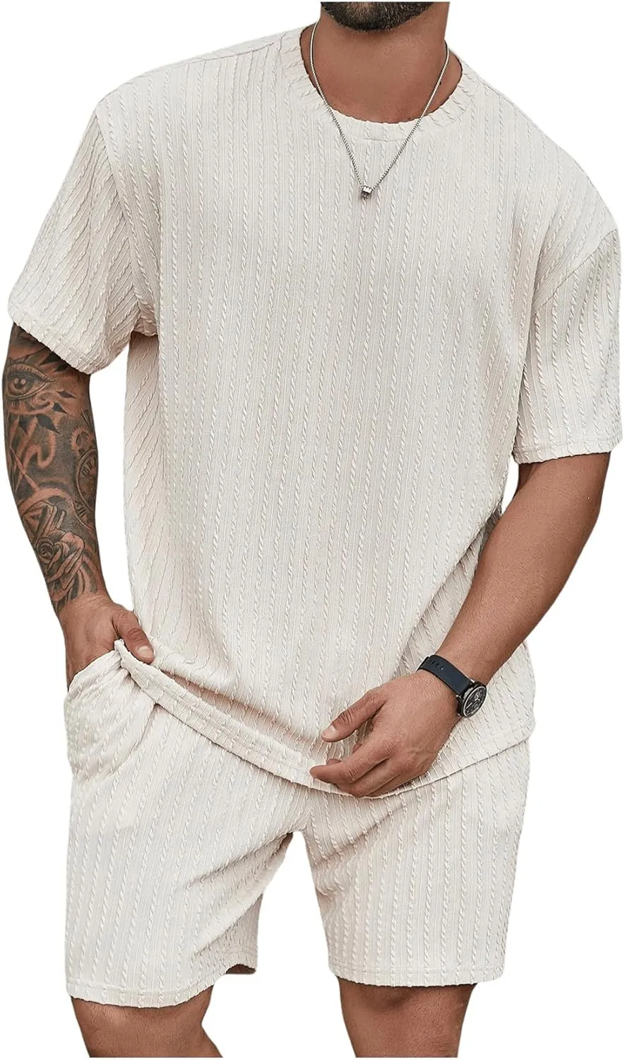 Men's 2 Piece Outfits Textured Drop Shoulder T Shirt and Short Sets Summer Outfits Tracksuit