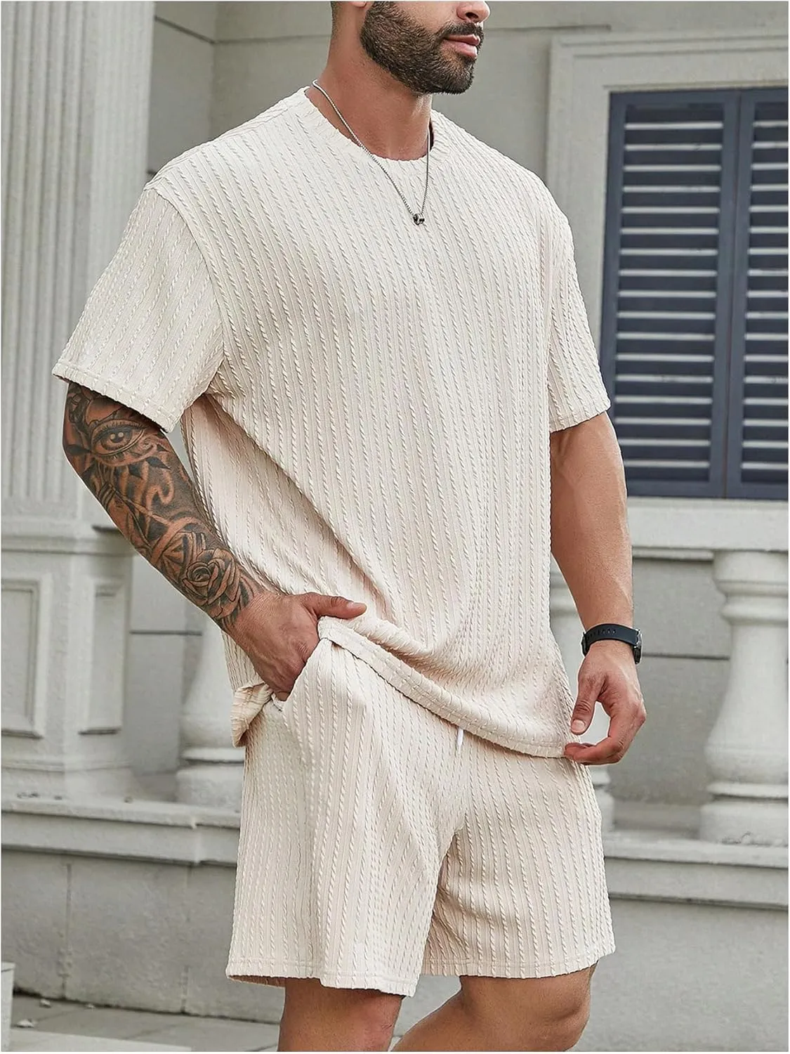 Men's 2 Piece Outfits Textured Drop Shoulder T Shirt and Short Sets Summer Outfits Tracksuit