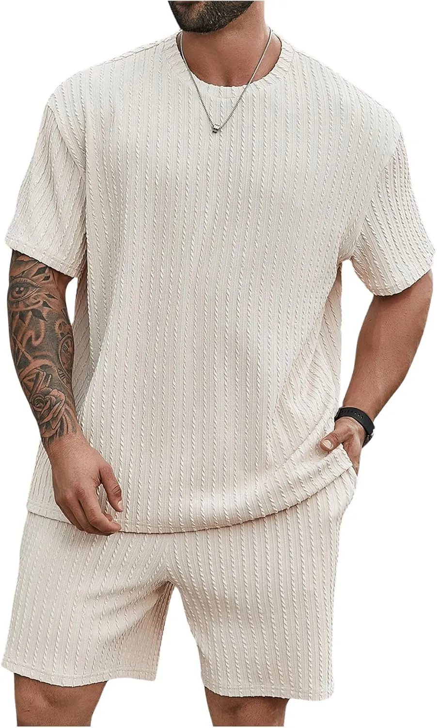 Men's 2 Piece Outfits Textured Drop Shoulder T Shirt and Short Sets Summer Outfits Tracksuit
