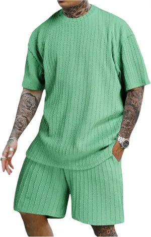 Men's 2 Piece Outfits Textured Drop Shoulder T Shirt and Short Sets Summer Outfits Tracksuit