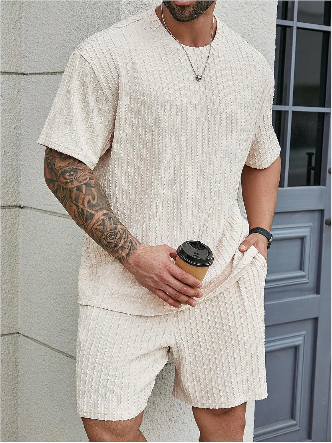 Men's 2 Piece Outfits Textured Drop Shoulder T Shirt and Short Sets Summer Outfits Tracksuit