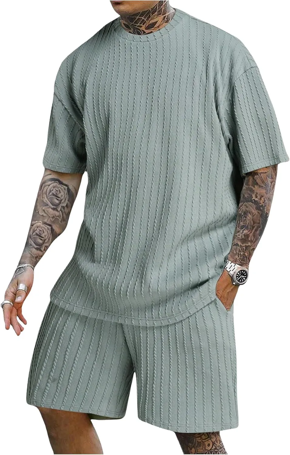 Men's 2 Piece Outfits Textured Drop Shoulder T Shirt and Short Sets Summer Outfits Tracksuit