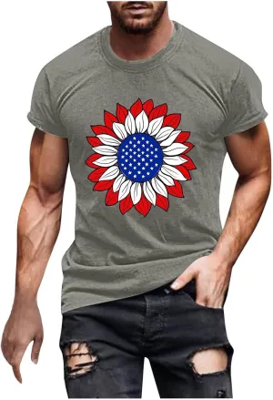 Men's American Flag Muscle T-Shirt Workout Crewneck Star Stripes Sunflower Graphic Tees Short Sleeve Casual Patriotic Tops