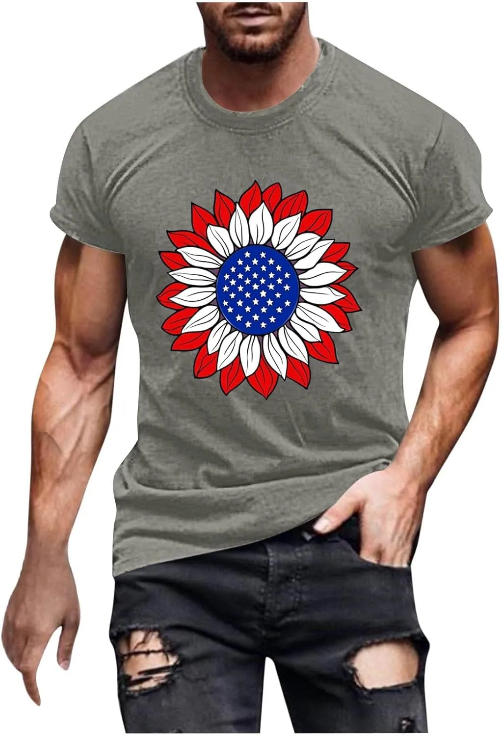 Men's American Flag Muscle T-Shirt Workout Crewneck Star Stripes Sunflower Graphic Tees Short Sleeve Casual Patriotic Tops