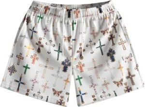 Men's Breathable Athletic Shorts Elastic Waist Quick Dry Gym Workout Shorts Flower Print Fitness Beach Shorts